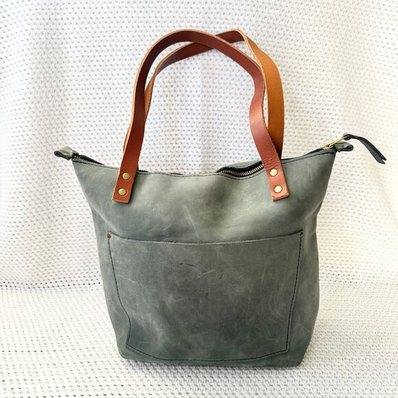Portland Leather Goods Handbags - Portland Leather Goods Classic Open Medium Tote Storm Grey Leather Tan Straps